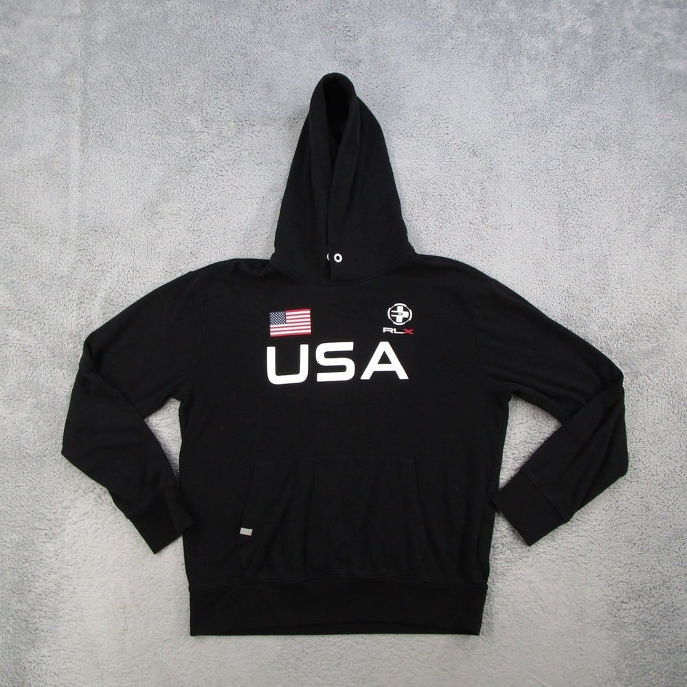 RLX Ralph Lauren USA Hoodie Women XL Black Graphic Long Sleeve Pullover Sweat